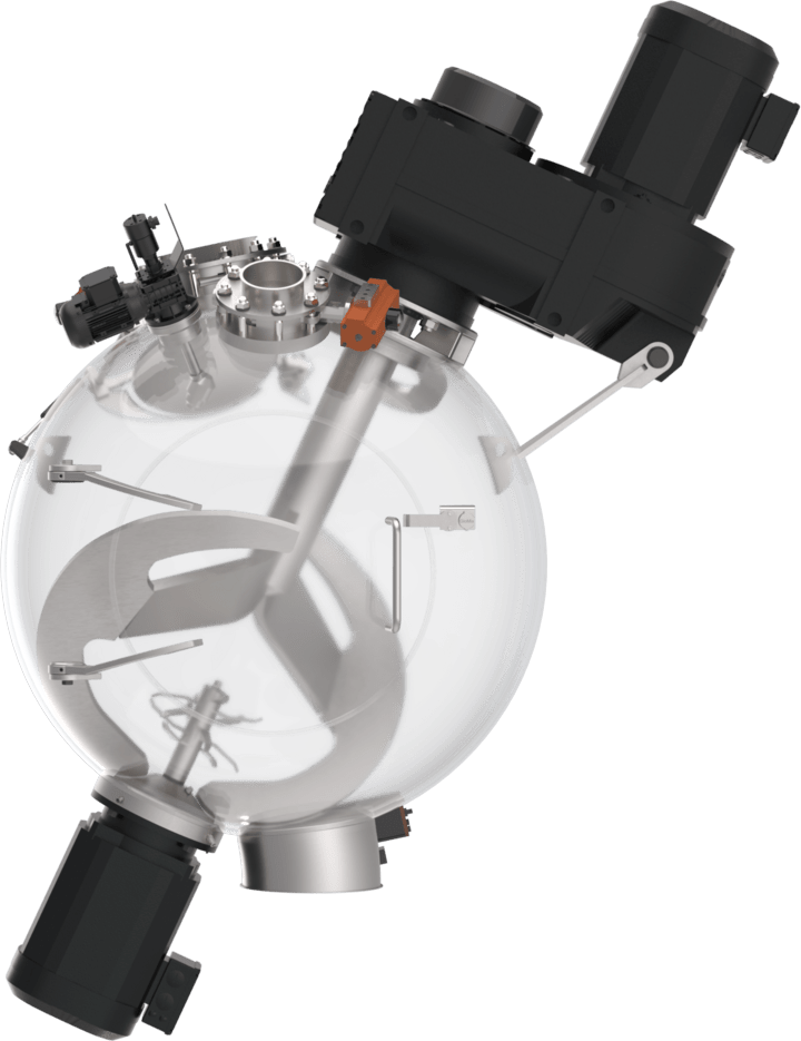 Der GloMix Mischer mit zwei gegenüberliegenden Antrieben auf einer Achse. Oben befindet sich der Hauptantrieb, unten der Schneidrotor.